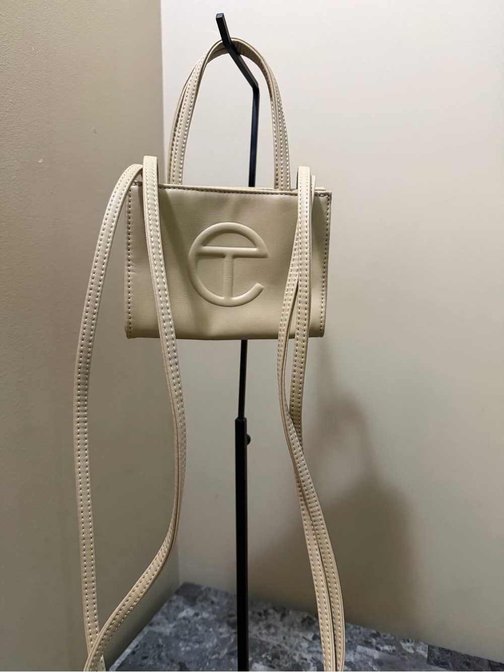 Telfar Small Cream Crossbody Tote with Embossed Logo - Picture 4 of 6